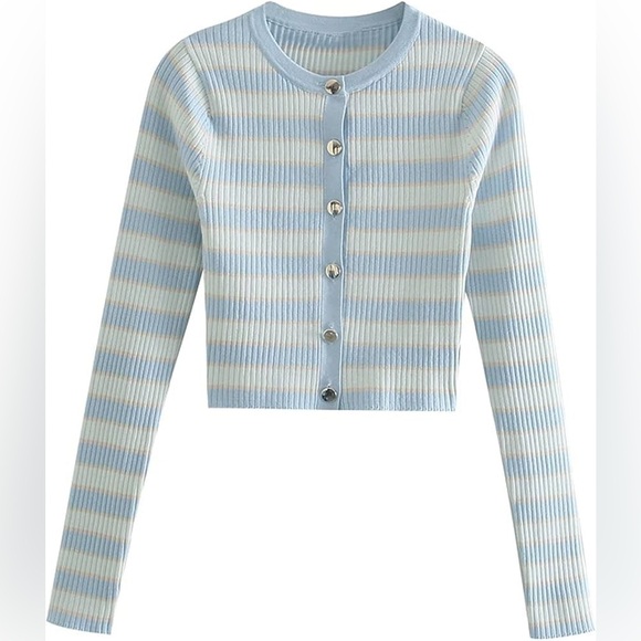Zara, size M, knit like long sleeve Striped baby Blue and White Women's Sweater - Picture 1 of 7